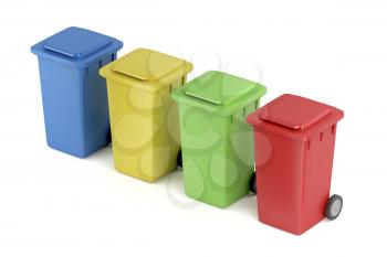 Multicolored plastic recycle bins on white background