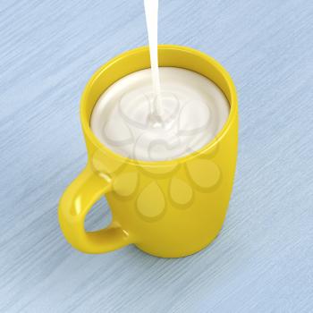 Pouring milk into the yellow mug 