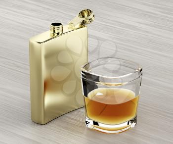 Golden hip flask and a glass of whiskey on wooden table
