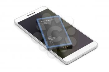 Smartphone with spare Lithium-ion battery on white background