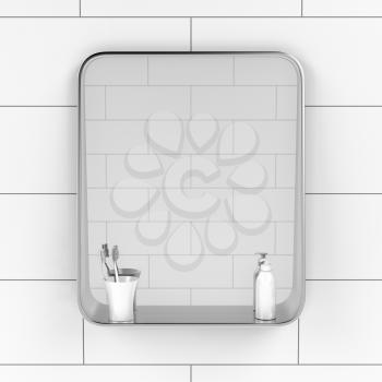 Bathroom mirror with two toothbrushes and liquid soap bottle on the tiled wall, front view