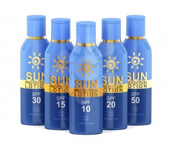 Sunscreen lotions with different SPF numbers on white background