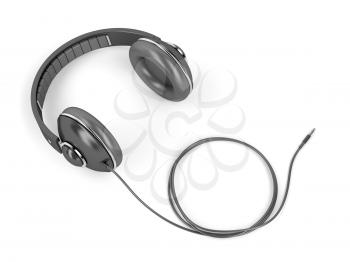 Black wired headphones with 3.5mm headphone connector on white background