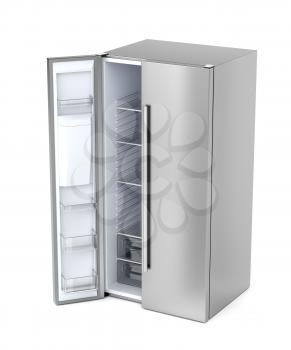 Silver side-by-side refrigerator with opened door on white background
