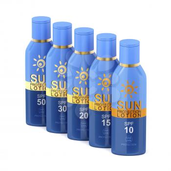 Row with sunscreen lotions with different SPF numbers on white background