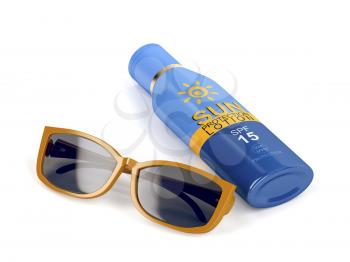 Female sunglasses and sunscreen bottle on white background