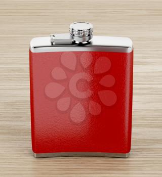 Front view of red hip flask on wooden table