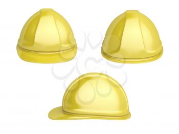 Front, back and side view of yellow safety helmet
