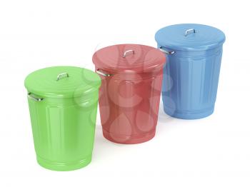 Three metal trash cans with different color on white background