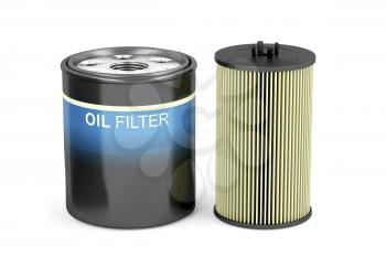 Different types of automotive oil filters on white background