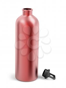 Red aluminum water bottle on white background