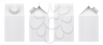 Blank milk carton isolated on white background. Front, back and side view.