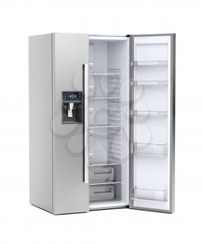 Silver big refrigerator with opened door on white background