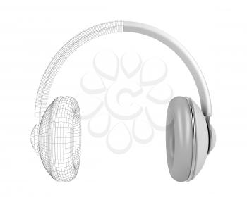 3D render of big over-ear headphones with visible wire-frame
