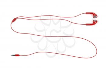 Red wired earphones isolated on white background, top view