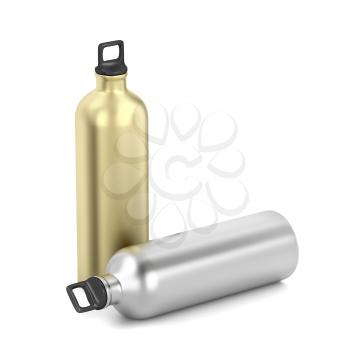 Silver and gold water bottles on white background
