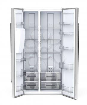 Front view of empty side-by-side refrigerator on white background