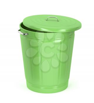 Green trash can on white background