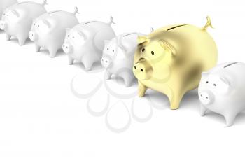 Row with piggy banks with one bigger and gold colored piggy bank 