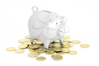 White piggy bank on golden coins