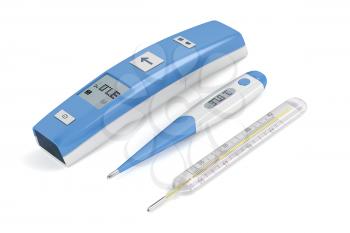 Three different types of medical thermometers on white background