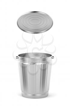Empty silver trash can with lid on white background