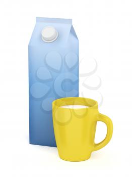 Carton of milk and yellow cup of milk on white background