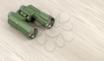 Green military binoculars on wooden table, 3D illustration