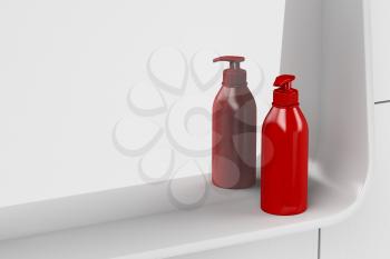 Red liquid soap bottle on the mirror in the bathroom
