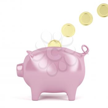 Filling piggy bank with golden coins