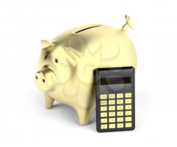 Gold piggy bank and calculator on white background