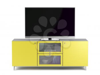 Tv with blank screen on modern yellow tv cabinet