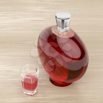 Red liqueur bottle and a glass on wood background 