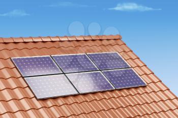 Solar panels on the roof of a building, 3D illustration