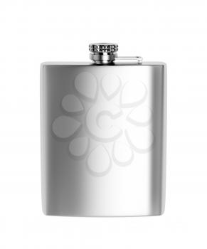 Front view of stainless steel hip flask, isolated on white background 