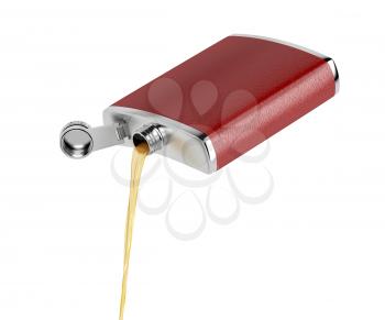 Pouring whisky or other alcoholic drink from hip flask, isolated on white 