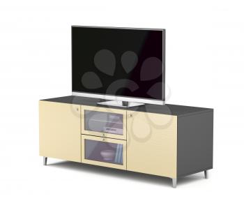 Flat screen tv on modern tv stand, 3D illustration
