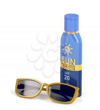 Sunscreen lotion with SPF 20 and female sunglasses on white background