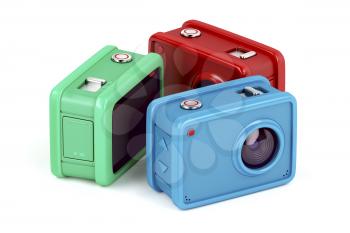 Three action cameras with different colors on white background
