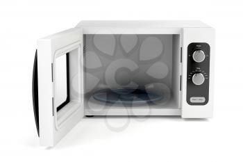 Microwave oven with open door on white background  