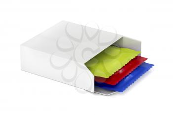 White cardboard box with three condoms on white background