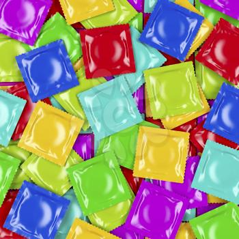 Group of different colored condoms, top view