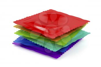 Stack of six different condoms on white background