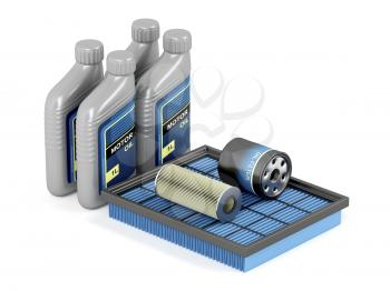 Set of automotive filters and bottles of motor oil