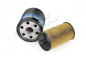 Spin-on and cartridge oil filters on white background 