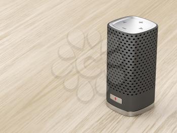 Speaker with integrated virtual assistant on wood background
