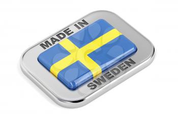 Made in Sweden, shiny silver badge on white background