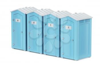 Row with four portable plastic toilets on white background 