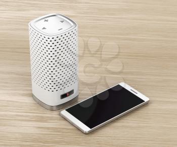 Smart speaker with integrated virtual assistant and smartphone on wood background