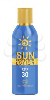 Sun protection lotion with SPF 30 on white background